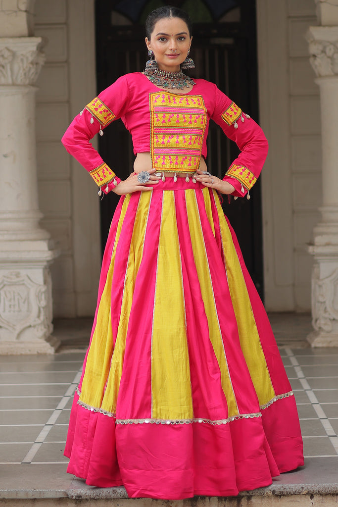 Eye-Catching Yellow & Pink Embroidered Silk Navratri Lehenga Choli