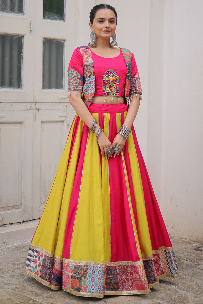Incredible Pink Gota Patti Silk Navratri Lehenga With Jacket Style Blouse