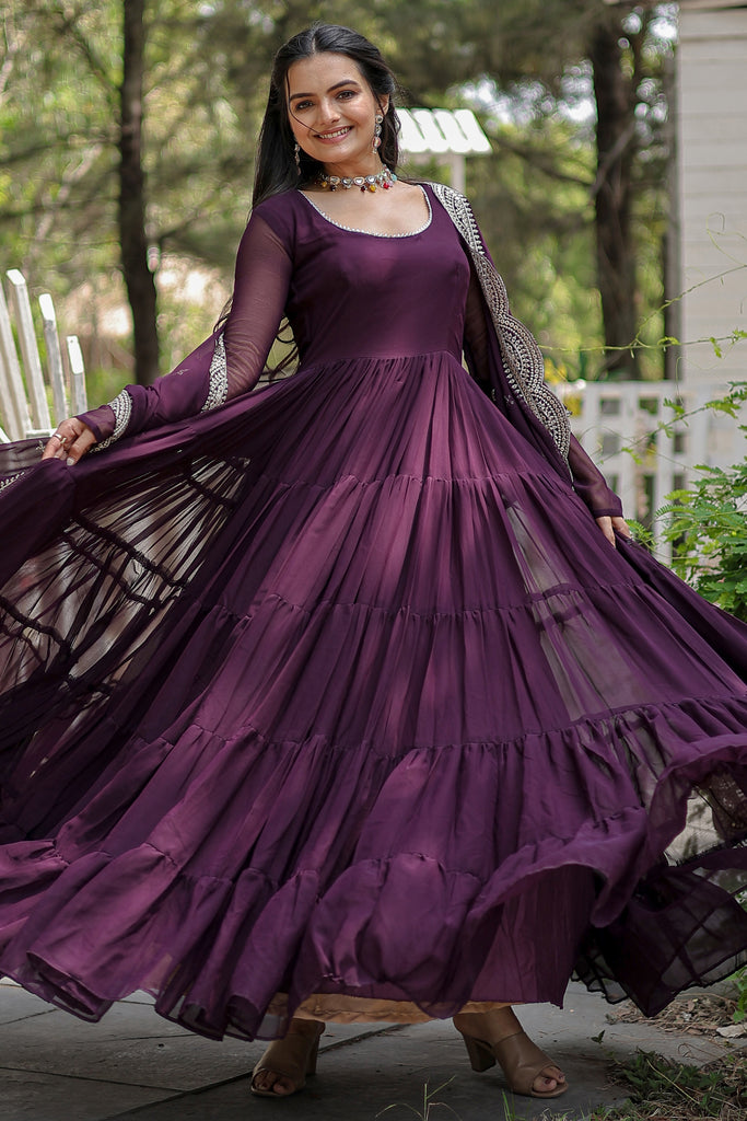 Captivating Wine Georgette Traditional Gown With Dupatta