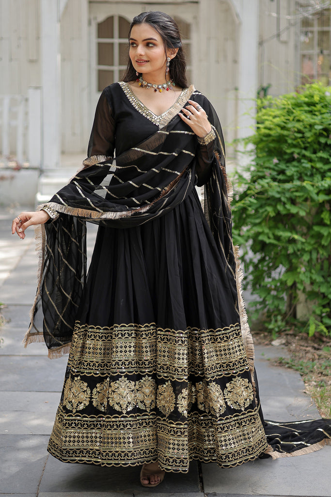 Stunning Black Sequins Georgette Event Wear Gown With Dupatta