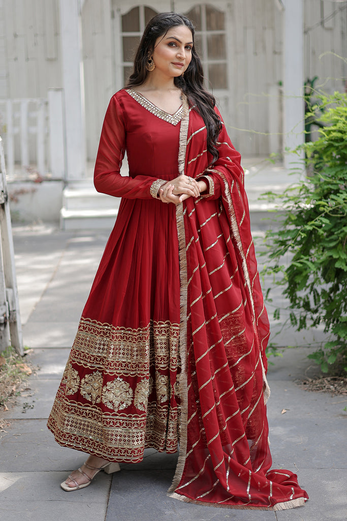 Attractive Maroon Sequins Georgette Festival Wear Gown With Dupatta