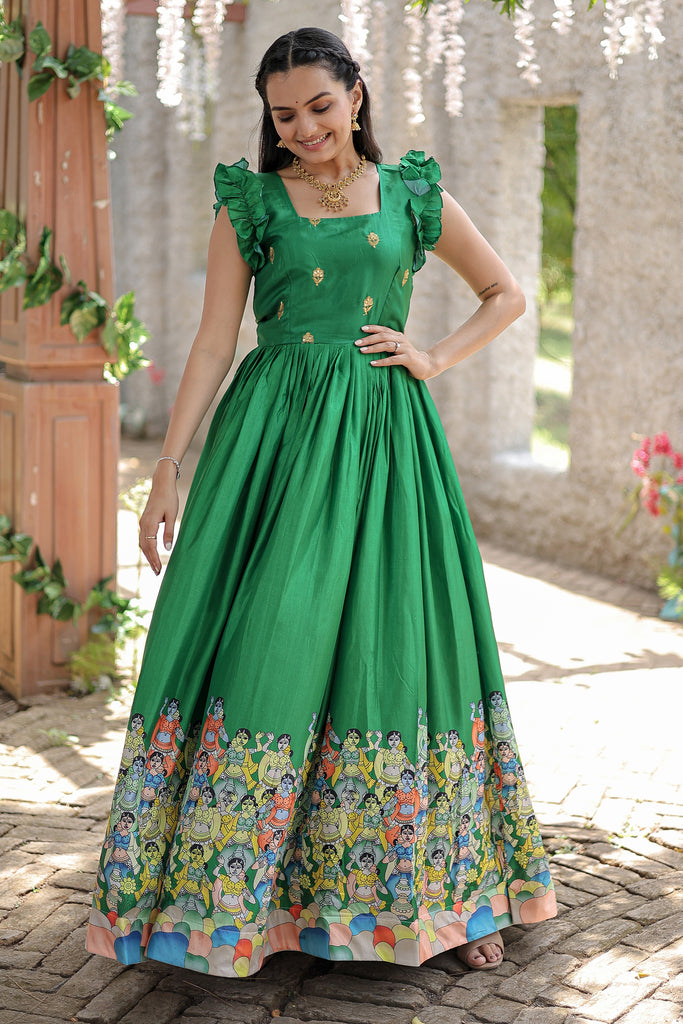 Beautiful Green Digital Printed Dola Silk Event Wear Gown