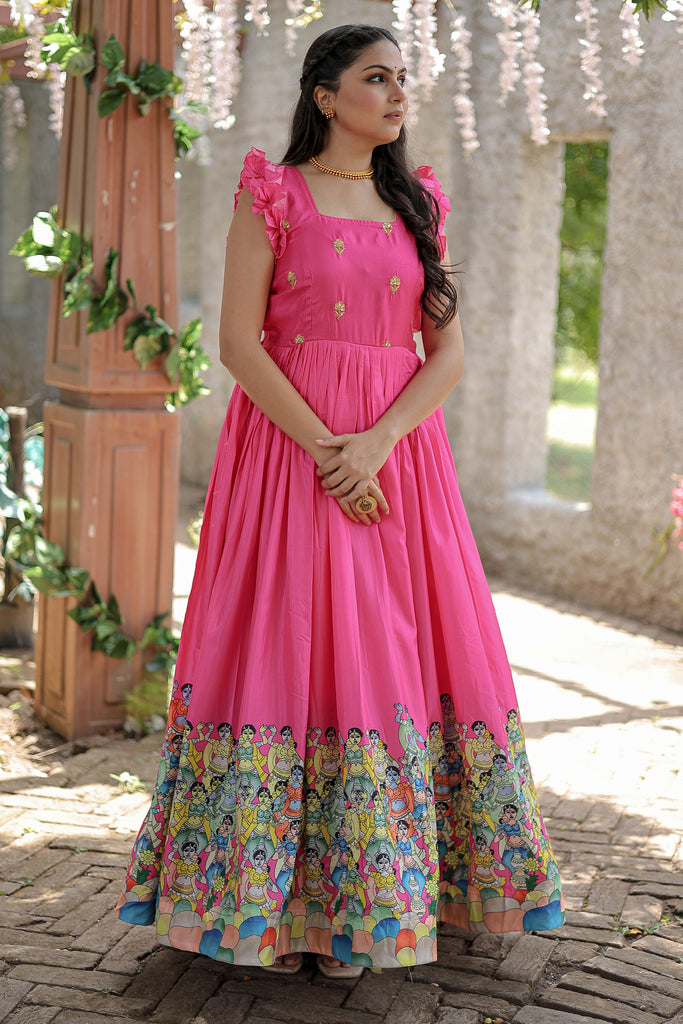 Captivating Pink Digital Printed Dola Silk Festival Wear Gown