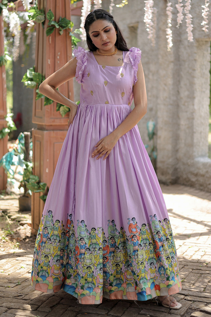 Attractive Lavender Digital Printed Dola Silk Traditional Gown