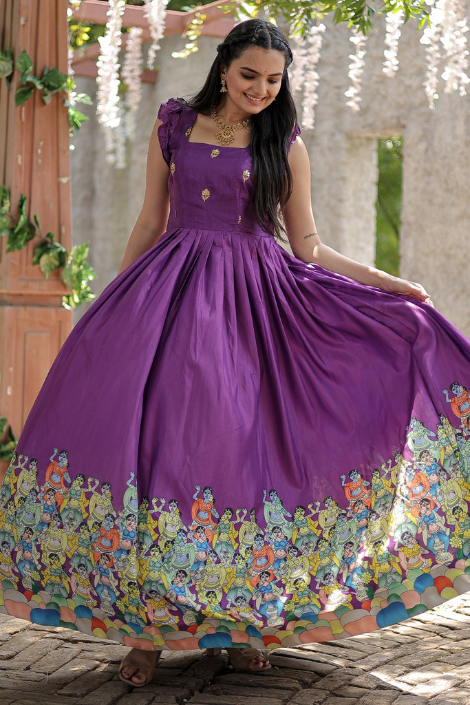 Stunning Purple Digital Printed Dola Silk Event Wear Gown