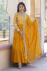 Bewitching Yellow Embroidered Jacquard Haldi Wear Gown With Dupatta 