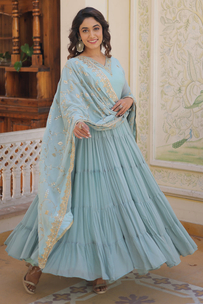 Astonishing Sky-Blue Embroidered Georgette Event Wear Gown