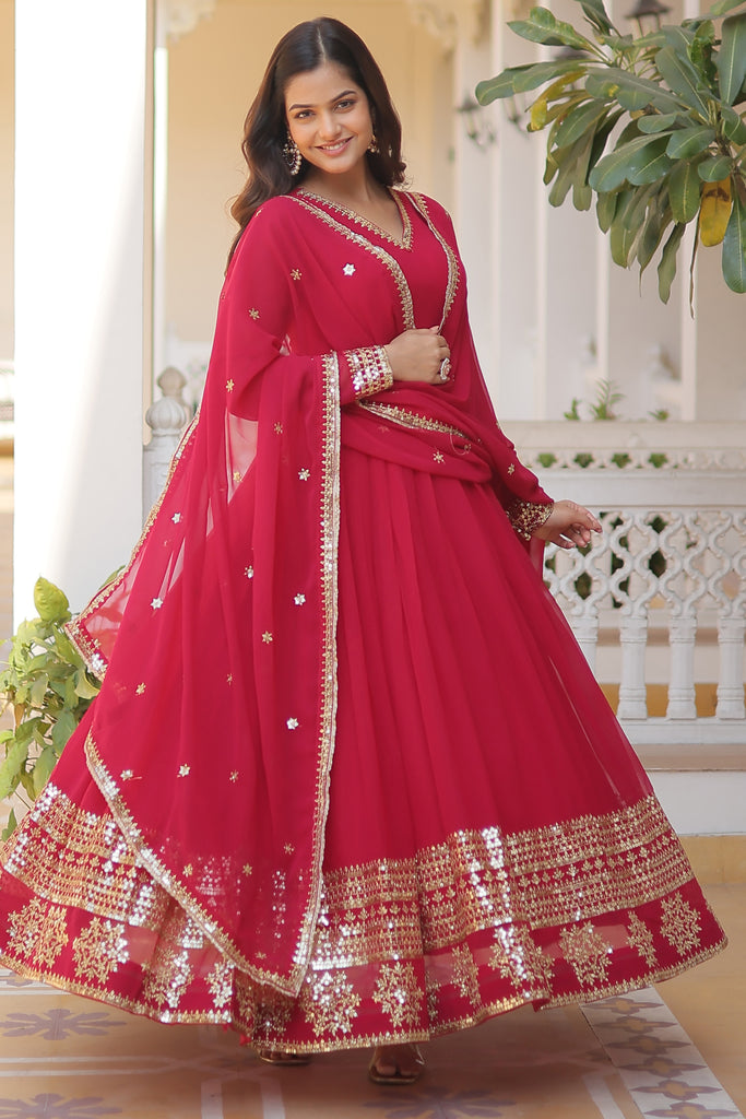 Beautiful Pink Sequins Georgette Festival Wear Gown With Dupatta