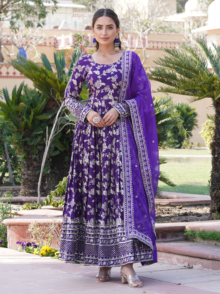 Glamorous Purple Embroidered Jacquard Festival Wear Gown