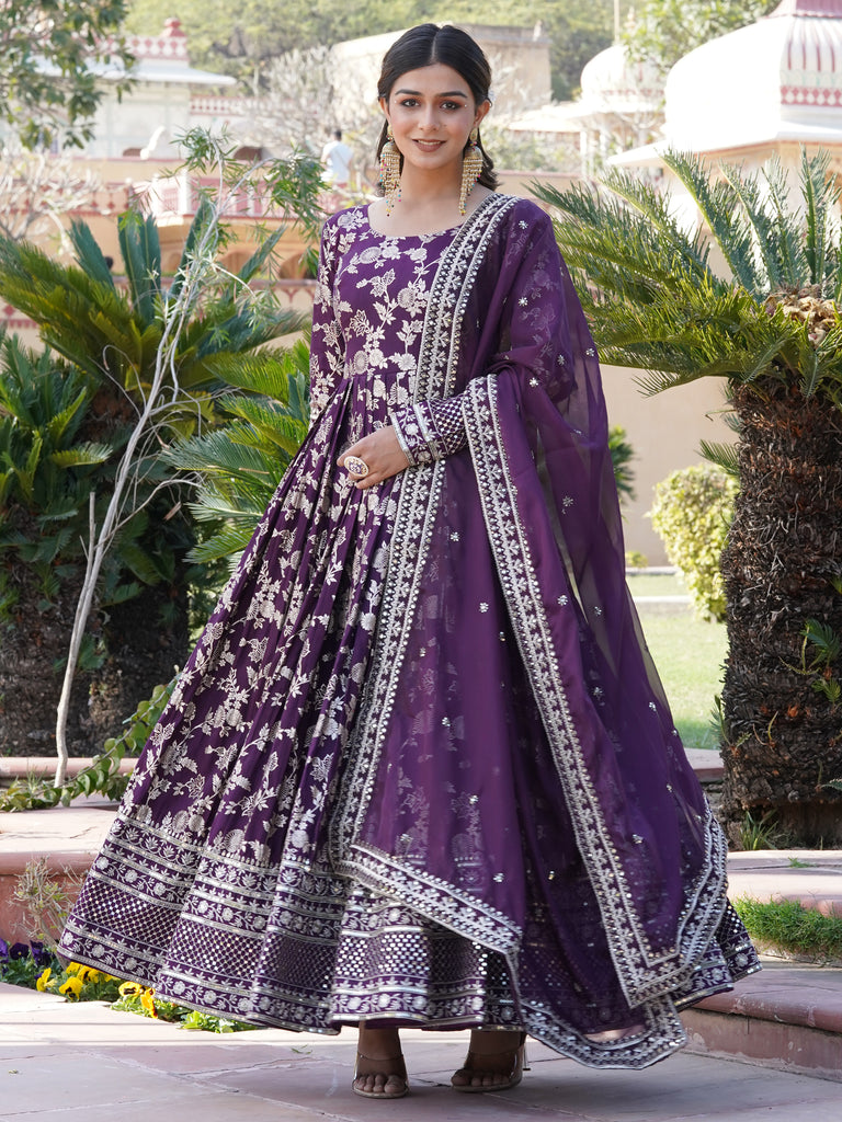 Magnetic Wine Embroidered Jacquard Wedding Gown With Dupatta