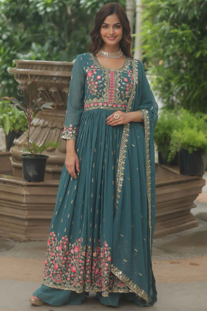 Captivating Teal Blue Embroidered Georgette Anarkali Gown With Sharara