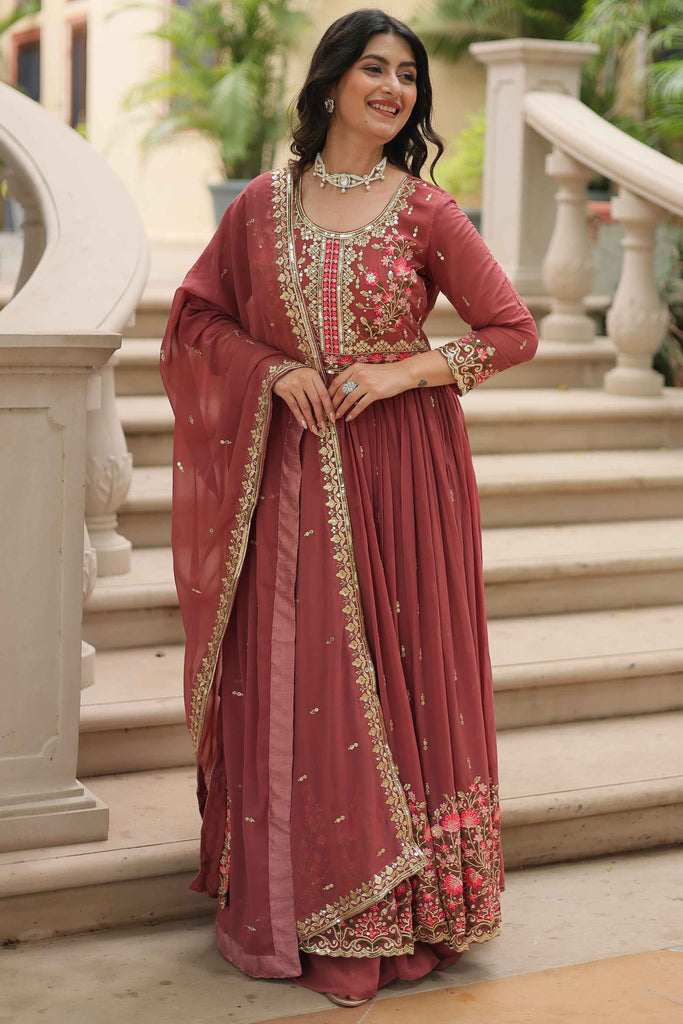 Attractive Brown Embroidered Georgette Anarkali Gown With Dupatta