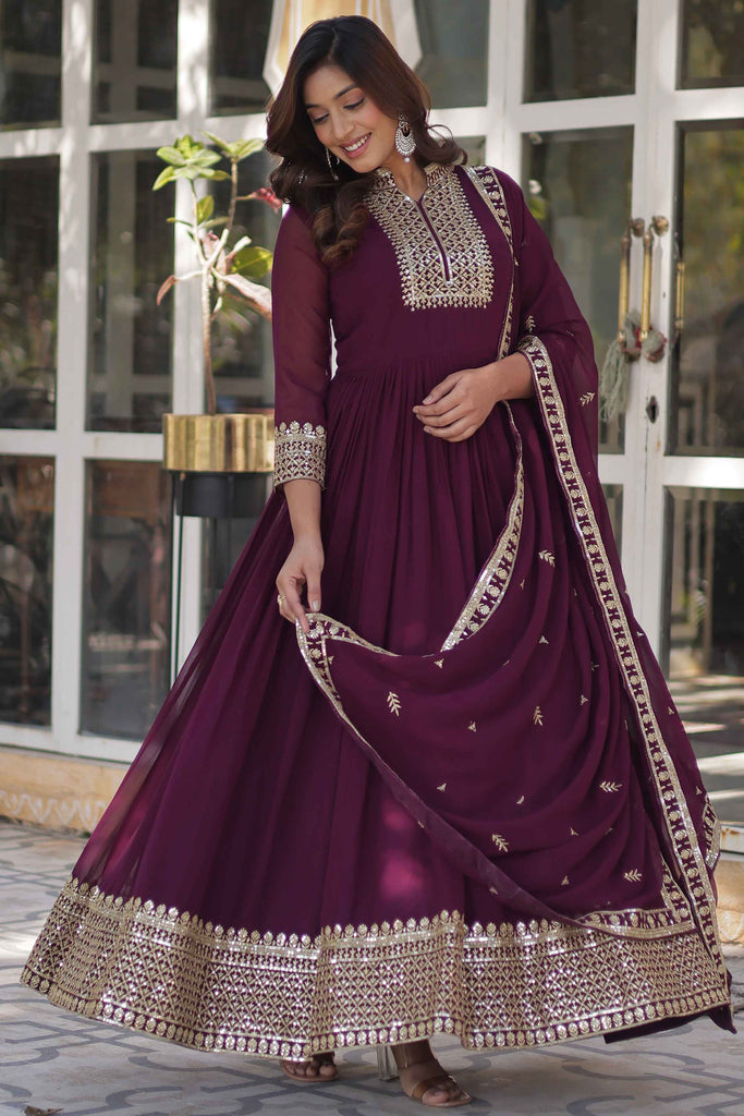 Attractive Purple Sequins Georgette Event Wear Anarkali Gown