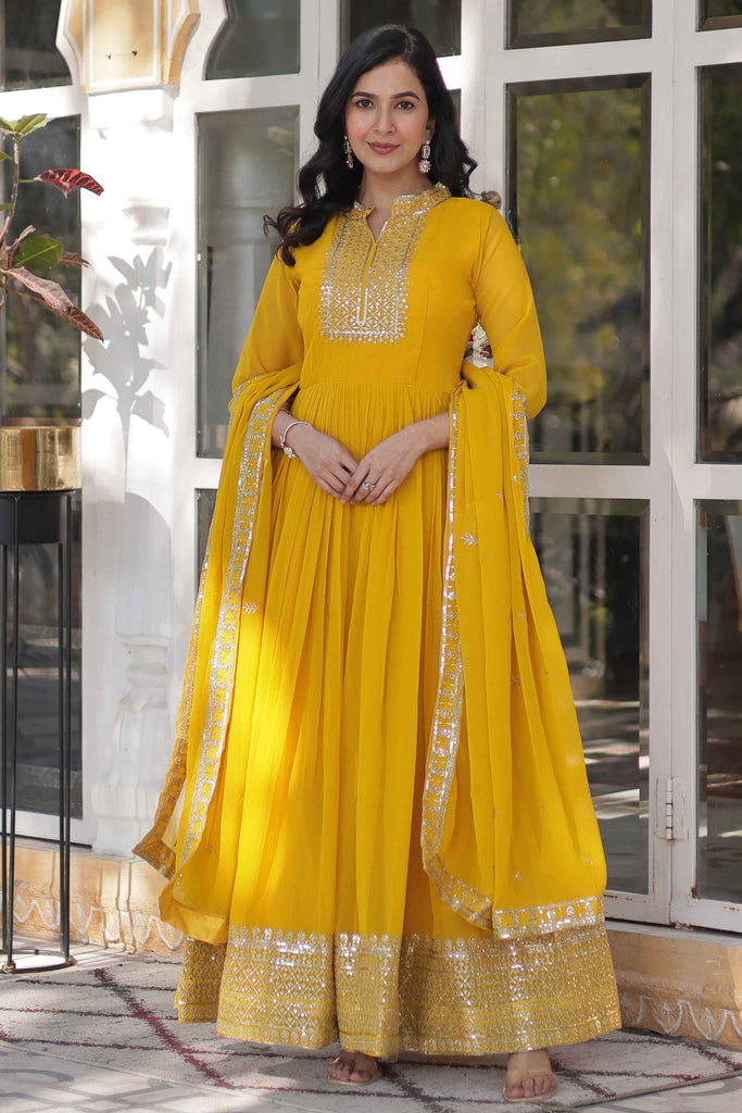 Beautiful Yellow Sequins Georgette Haldi Wear Anarkali Gown