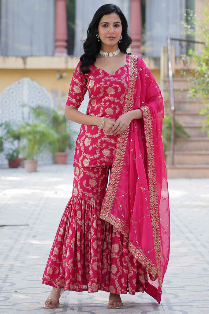 Gorgeous Pink Weaving Jacquard Festival Wear Sharara Suit