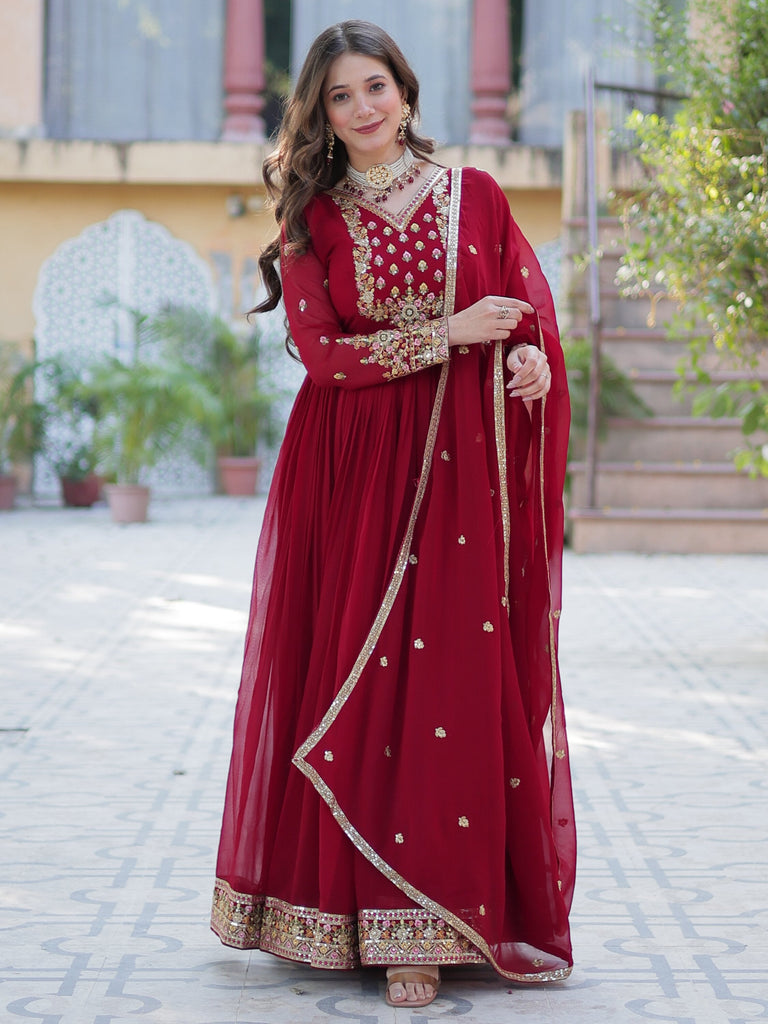 Glamorous Maroon Embroidered Georgette Festival Wear Gown