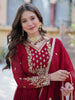 Glamorous Maroon Embroidered Georgette Festival Wear Gown