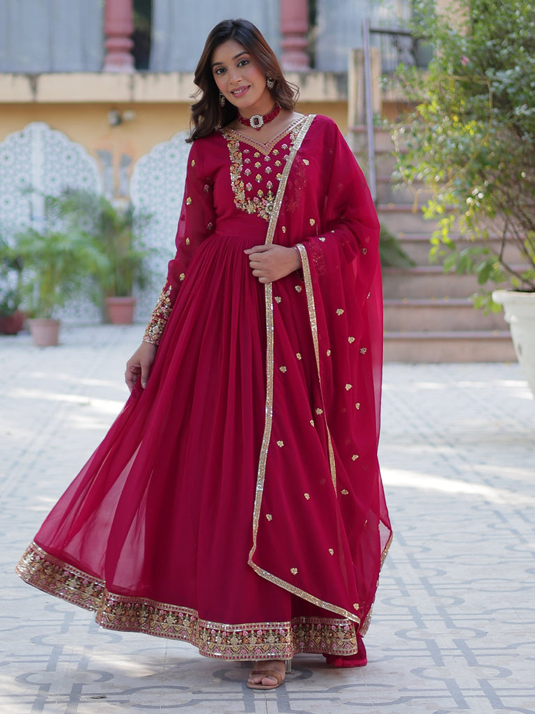 Tantalizing Pink Embroidered Georgette Traditional Gown With Dupatta