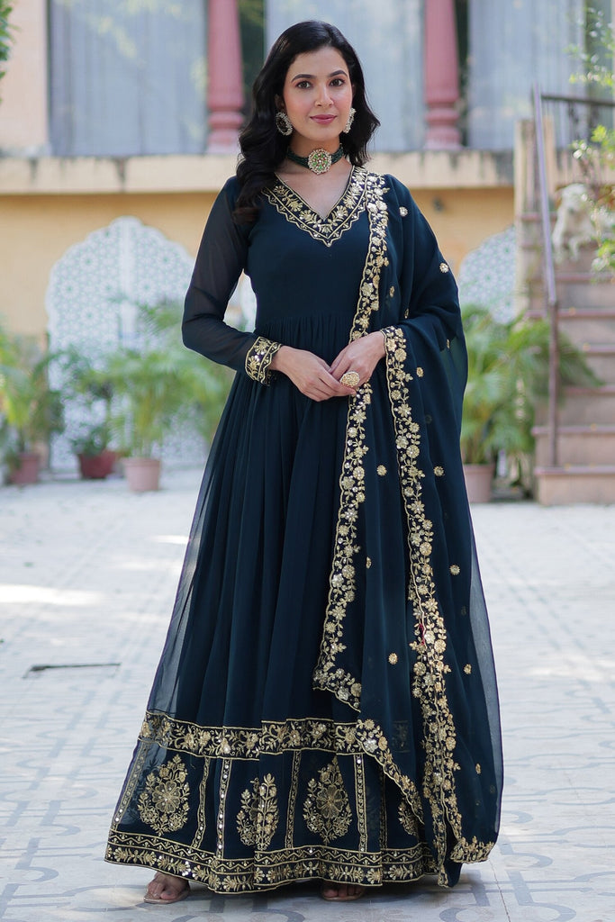 Pretty Rama Blue Zari Embroidered Georgette Reception Wear Gown