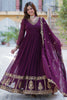 Stunning Wine Zari Embroidered Georgette Wedding Gown With Dupatta