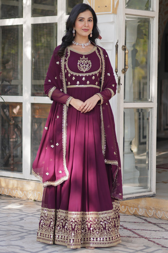 Magnetic Wine Embroidered Georgette Engagement Wear Gown