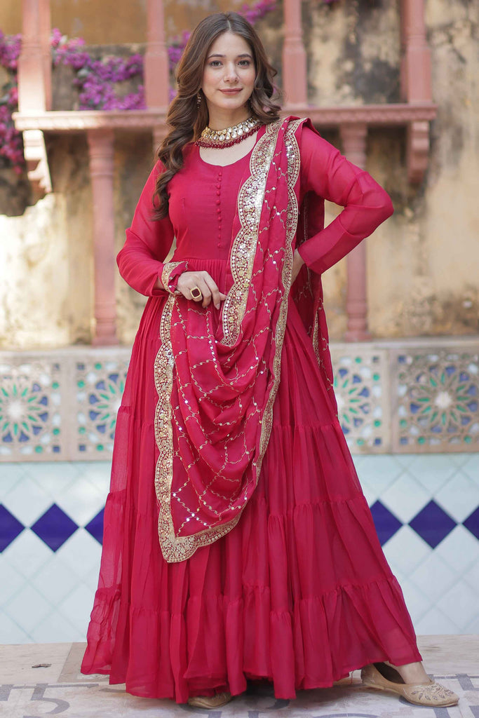 Attractive Pink Georgette Wedding Wear Gown With Dupatta