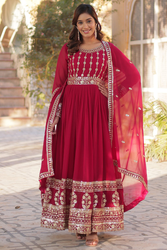 Winsome Pink Zari Embroidered Georgette Gown With Dupatta