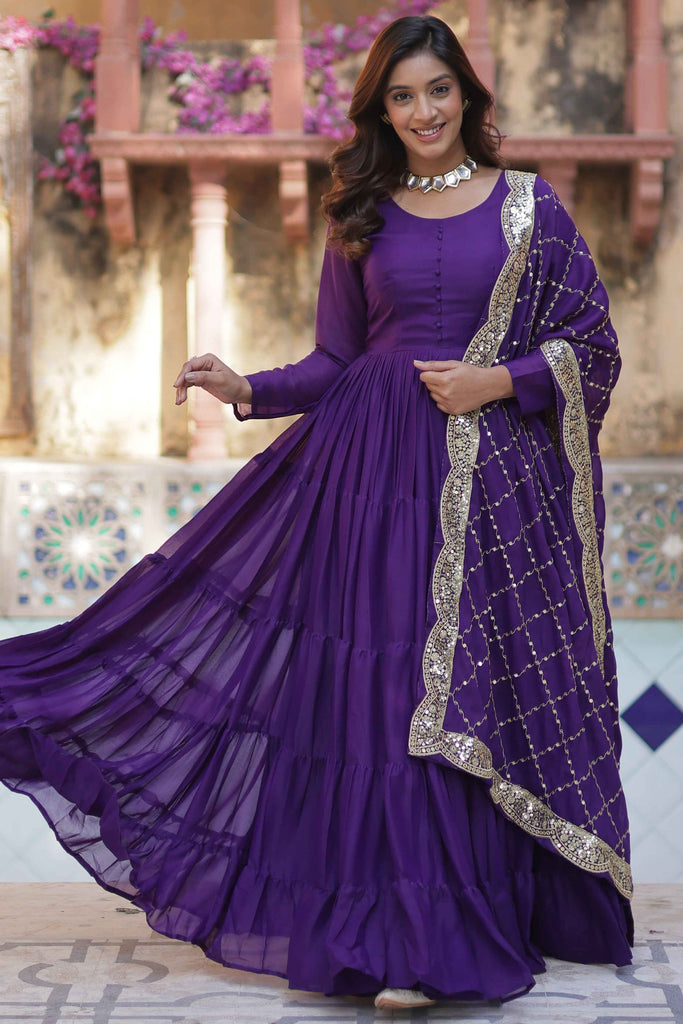 Tantalizing Purple Georgette Reception Wear Gown With Dupatta