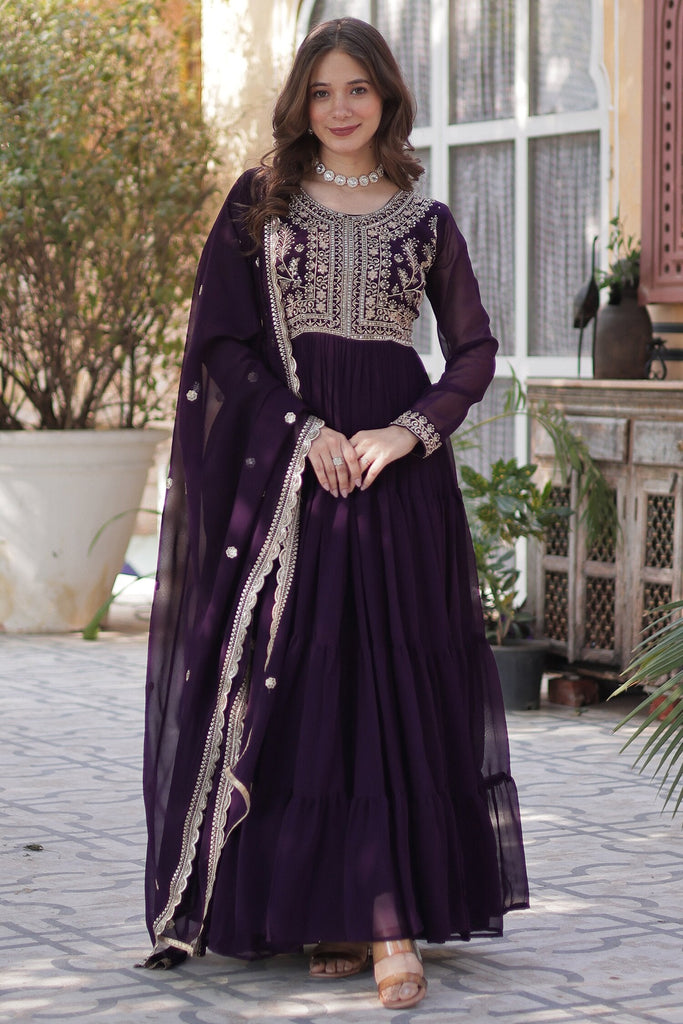 Winsome Wine Pearl Work Georgette Wedding Gown With Dupatta