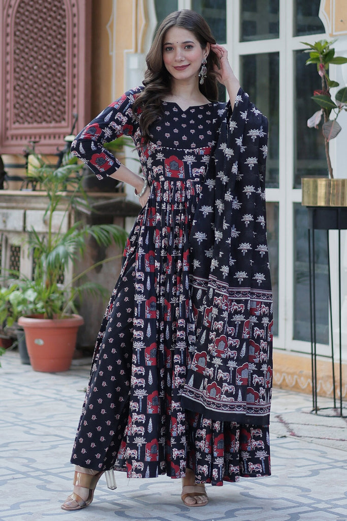 Endearing Black Pichwai Printed Cotton Traditional Anarkali Suit
