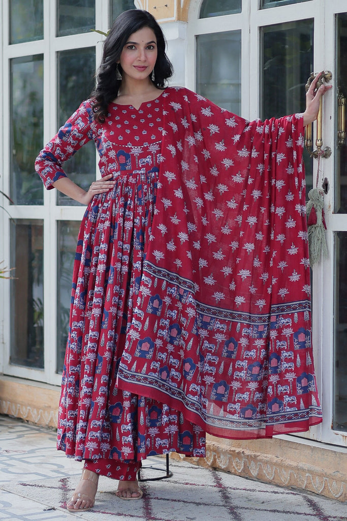 Lovable Maroon Pichwai Printed Cotton Casual Wear Anarkali Suit