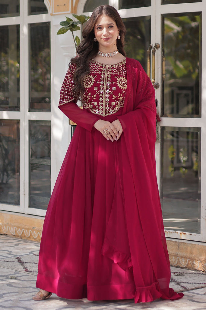 Incredible Pink Embroidered Georgette Wedding Wear Gown