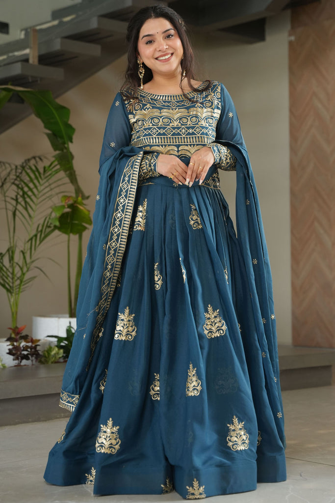Dazzling Teal Blue Sequins Georgette Festival Wear Gown With Dupatta