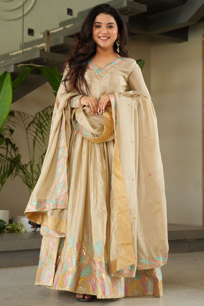 Charming Off-White Thread Embroidered Chinon Festival Wear Gown