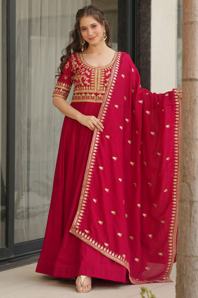 Beautiful Pink Zari Embroidered Silk Festival Wear Gown With Dupatta