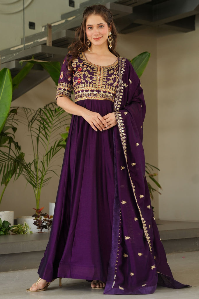 Stunning Purple Zari Embroidered Silk Engagement Wear Gown