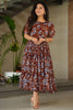 Ravishing Brown Floral Printed Georgette Casual Wear Dress