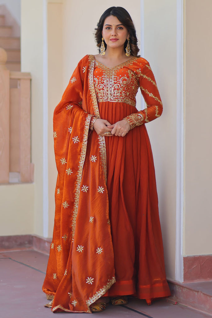 Awesome Orange Zari Embroidery Organza Festival Wear Gown With Dupatta