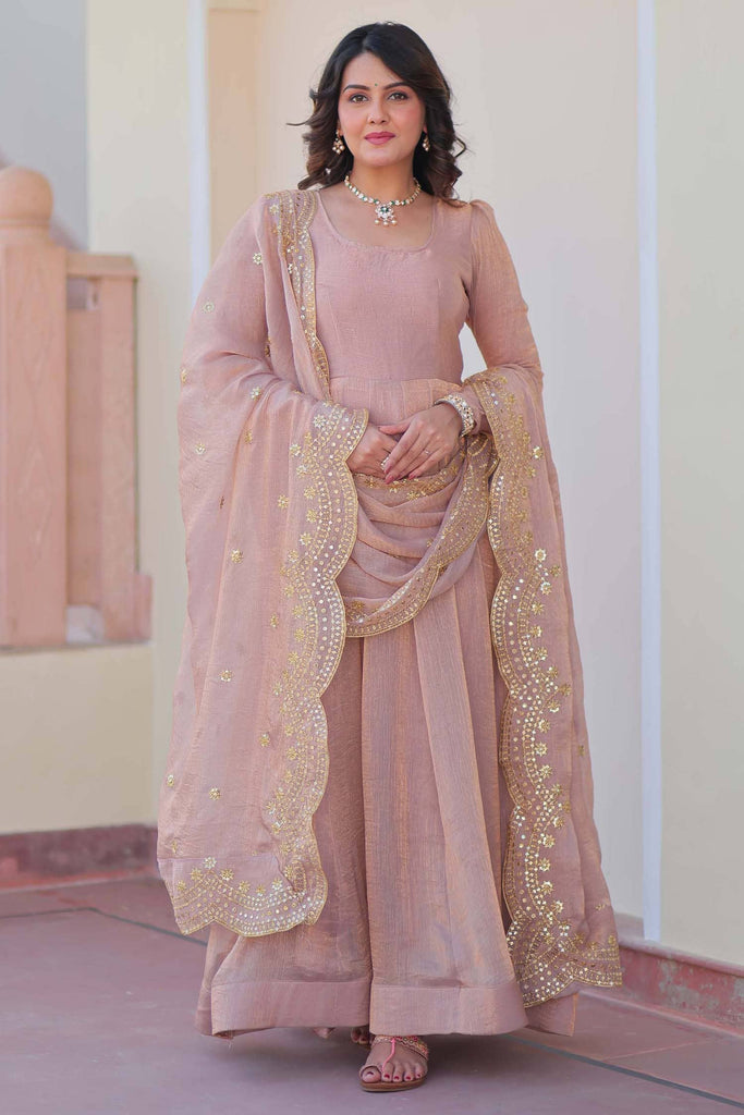 Astonishing Peach Chiffon Event Wear Gown With Sequin Dupatta