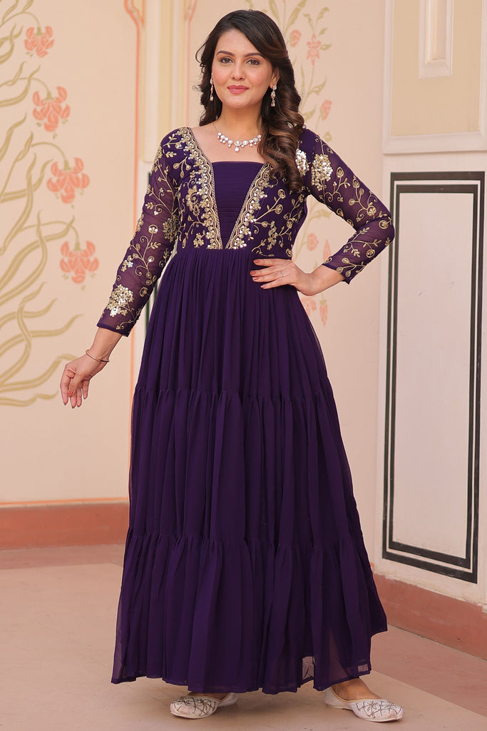 Tantalizing Purple Georgette Sequins Wedding Anarkali Gown