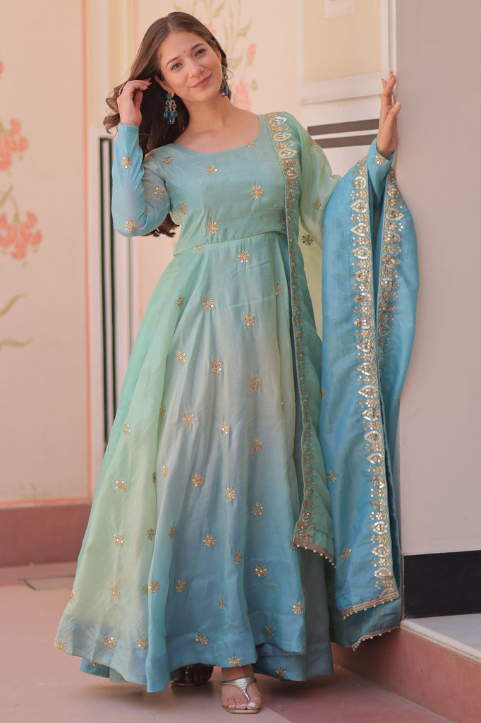 Delightful Blue Sequins Organza Function Wear Gown With Dupatta