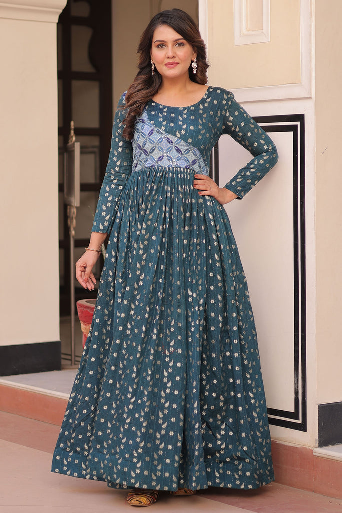 Dazzling Teal Blue Zari Weaving Cotton Event Wear Gown