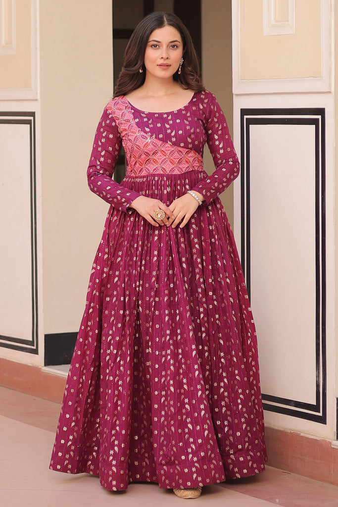 Wonderful Wine Color Zari Weaving Cotton Festival Wear Gown