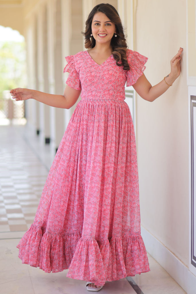Dazzling Pink Color Printed Georgette Festival Wear Gown