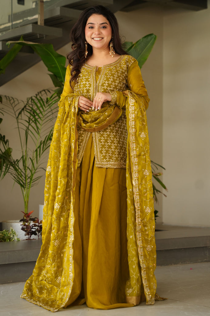 Bewitching Mehendi Green Beads Work Silk Sharara Suit With Dupatta