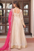 Astonishing Off-White Zari Weaving Silk Event Wear Gown With Dupatta