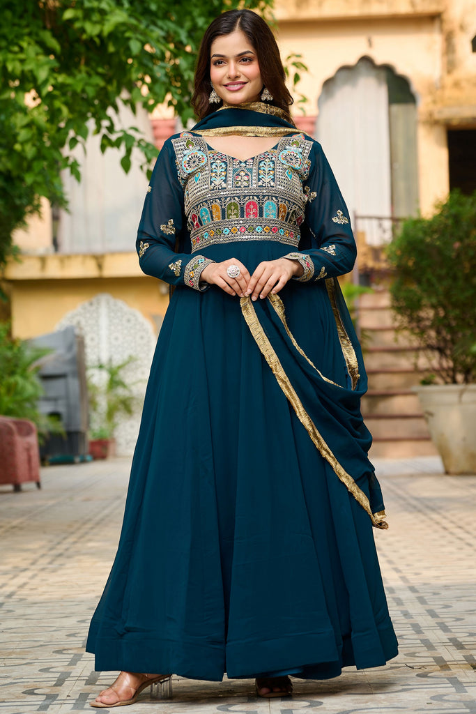 Glamorous Blue Thread Embroidered Georgette Event Wear Gown