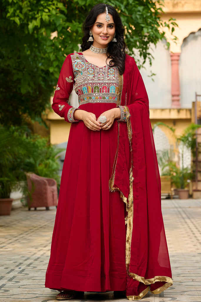 Charming Maroon Sequins Georgette Festival Wear Gown With Dupatta