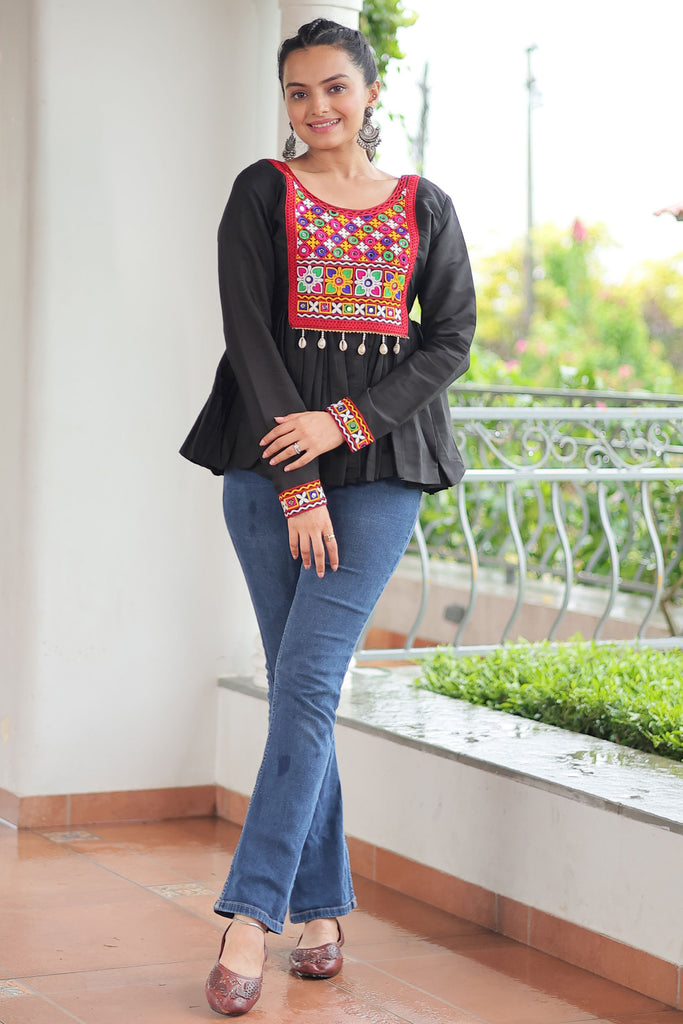 Appealing Black Gamthi Work Cotton Navratri Special Kediya Style Kurti