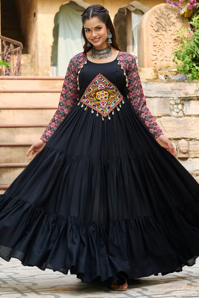 Captivating Black Gamthi Work Rayon Navratri Wear Gown